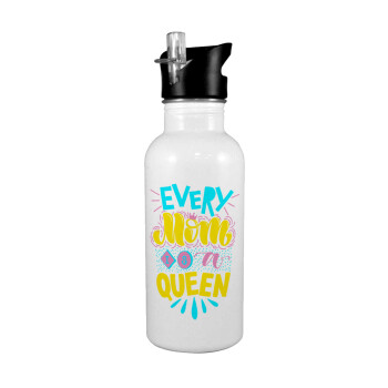 Every mom is a Queen, White water bottle with straw, stainless steel 600ml