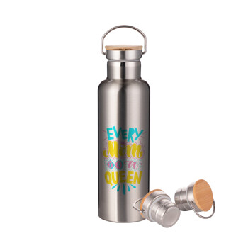 Every mom is a Queen, Stainless steel Silver with wooden lid (bamboo), double wall, 750ml