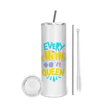 Every mom is a Queen, Tumbler ποτήρι θερμό από ανοξείδωτο ατσάλι 600ml, με μεταλλικό καλαμάκι & βούρτσα καθαρισμού