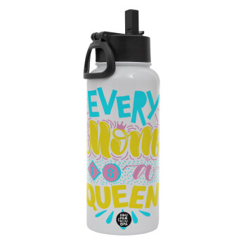 Every mom is a Queen, Metal mug thermo White with Straw and Spout Lid (Stainless steel), double wall, 950ml