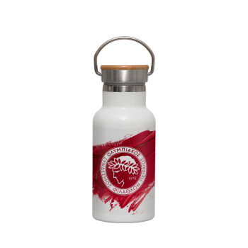 Olympiacos F.C., Metallic thermos (Stainless steel) White with wooden lid (bamboo), double-walled, 350ml