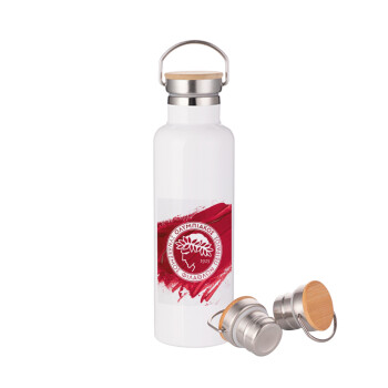 Olympiacos F.C., Stainless steel White with wooden lid (bamboo), double wall, 750ml