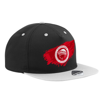 Olympiacos F.C., Adult Flat Snapback Hat Black/Grey, (100% COTTON TWILL, ADULT, UNISEX, ONE SIZE)