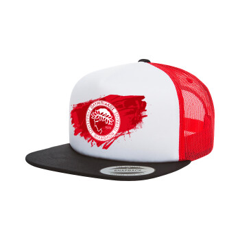 Olympiacos F.C., Adult Foam Flat Snapback with Mesh Black-White-Red (POLYESTER, ADULT, UNISEX, ONE SIZE)