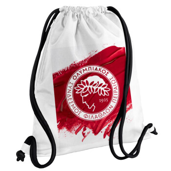 Olympiacos F.C., Τσάντα πλάτης πουγκί GYMBAG λευκή, με τσέπη (40x48cm) & χονδρά κορδόνια