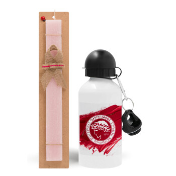 Olympiacos F.C., Easter Set, metallic aluminum bottle (500ml) & aromatic flat Easter candle (30cm) (PINK)