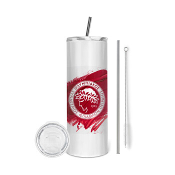 Olympiacos F.C., Eco friendly stainless steel tumbler 600ml, with metal straw & cleaning brush