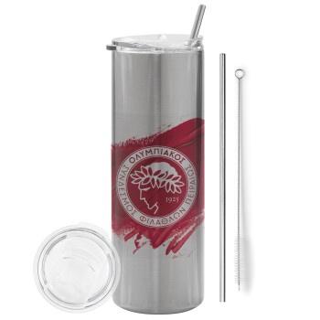 Olympiacos F.C., Eco friendly stainless steel Silver tumbler 600ml, with metal straw & cleaning brush