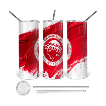 Olympiacos F.C., Tumbler ποτήρι θερμό από ανοξείδωτο ατσάλι 600ml, με μεταλλικό καλαμάκι & βούρτσα καθαρισμού