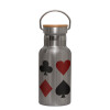 Stainless steel metallic thermos flask, silver with a bamboo lid, double-walled, 350ml.