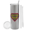 Tumbler stainless steel Silver 600ml, with metal straw & cleaning brush