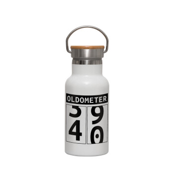 OLDOMETER, Metallic thermos (Stainless steel) White with wooden lid (bamboo), double-walled, 350ml