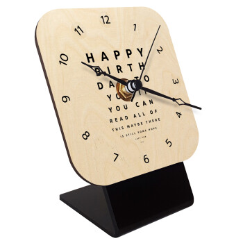 EYE tester happy birthday., Επιτραπέζιο ρολόι σε φυσικό ξύλο (10cm)