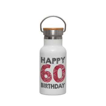 Happy 60 birthday!!!, Metallic thermos (Stainless steel) White with wooden lid (bamboo), double-walled, 350ml