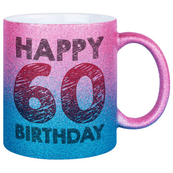Happy 60 birthday!!!, Κούπα Χρυσή/Μπλε Glitter, κεραμική, 330ml