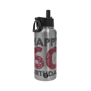 Happy 60 birthday!!!, Metal mug thermo Silver with Straw and Spout Lid (Stainless steel), double wall, 950ml