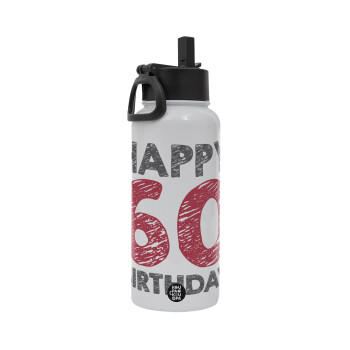 Happy 60 birthday!!!, Metal mug thermo White with Straw and Spout Lid (Stainless steel), double wall, 950ml