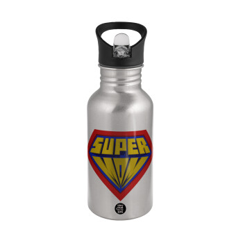 Super Mom 3D, Water bottle Silver with straw, stainless steel 500ml