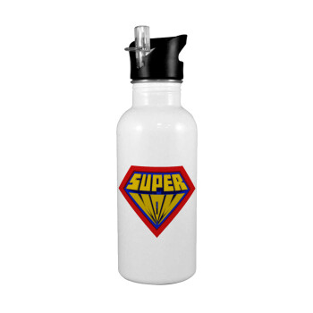 Super Mom 3D, White water bottle with straw, stainless steel 600ml