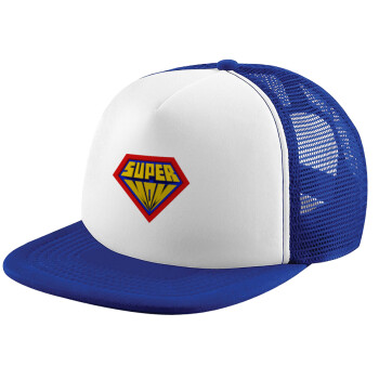 Super Mom 3D, Child's Soft Trucker Hat with Blue/White Mesh (POLYESTER, CHILD, ONE SIZE)