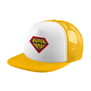 Super Mom 3D, Adult Soft Trucker Hat with Yellow/White Mesh (POLYESTER, ADULT, UNISEX, ONE SIZE)