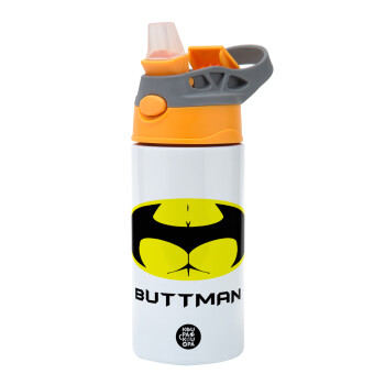 Buttman, Children's hot water bottle, stainless steel, with safety straw, Orange/Grey (360ml) BPA-FREE