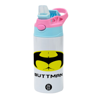 Buttman, Children's hot water bottle, stainless steel, with safety straw, Pink/BlueCiel (360ml) BPA FREE