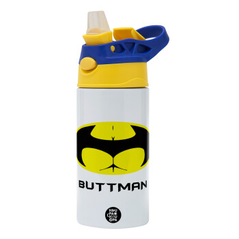 Buttman, Children's hot water bottle, stainless steel, with safety straw, green, blue (360ml) BPA FREE