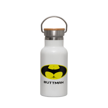 Buttman, Μεταλλικό παγούρι θερμός (Stainless steel) Λευκό με ξύλινο καπακι (bamboo), διπλού τοιχώματος, 350ml