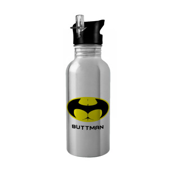 Buttman, Water bottle Silver with straw, stainless steel 600ml