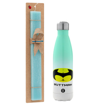 Buttman, Easter Set, Metallic green/white thermos (Stainless steel), double-walled, 500ml & scented flat Easter candle (30cm) (TURQUOISE)