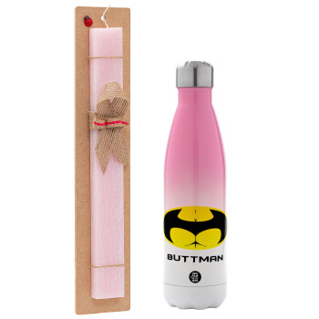 Buttman, Easter Set, Metallic pink/white (Stainless steel) thermos, double-walled, 500ml & aromatic flat Easter candle (30cm) (PINK)