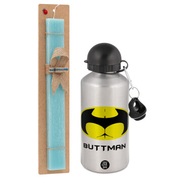 Buttman, Easter Set, metallic silver aluminum water bottle (500ml) & scented flat Easter candle (30cm) (TURQUOISE)