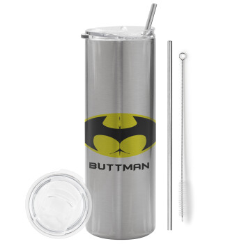 Buttman, Tumbler ποτήρι θερμό Ασημένιο από ανοξείδωτο ατσάλι 600ml, με μεταλλικό καλαμάκι & βούρτσα καθαρισμού