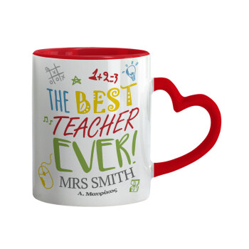 The best teacher ever!, Κούπα καρδιά χερούλι κόκκινη, κεραμική, 330ml