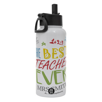 The best teacher ever!, Metal mug thermo White with Straw and Spout Lid (Stainless steel), double wall, 950ml