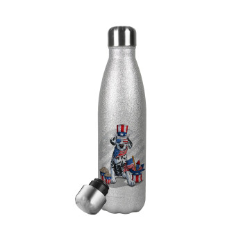 Happy 4th of July, Metallic Glitter Silver Thermos Flask (Stainless steel), double-walled, 500ml