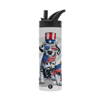 Happy 4th of July, Metallic thermos bottle with straw & handle, stainless steel (Stainless steel 304), double-walled, 600ml.