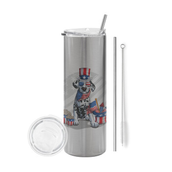 Happy 4th of July, Eco friendly ποτήρι θερμό Ασημένιο (tumbler) από ανοξείδωτο ατσάλι 600ml, με μεταλλικό καλαμάκι & βούρτσα καθαρισμού