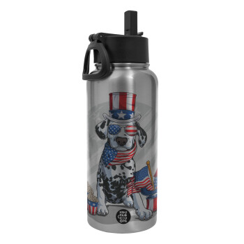 Happy 4th of July, Metal mug thermo Silver with Straw and Spout Lid (Stainless steel), double wall, 950ml