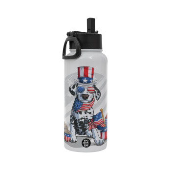 Happy 4th of July, Metal mug thermo White with Straw and Spout Lid (Stainless steel), double wall, 950ml