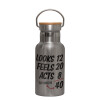 Stainless steel metallic thermos flask, silver with a bamboo lid, double-walled, 350ml.