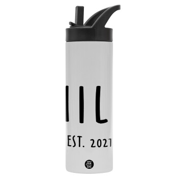 MILF, Metallic thermos bottle with straw & handle, stainless steel (Stainless steel 304), double-walled, 600ml.