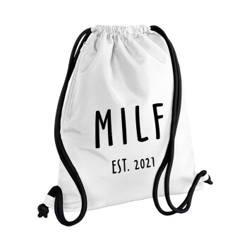 MILF, Τσάντα πλάτης πουγκί GYMBAG λευκή, με τσέπη (40x48cm) & χονδρά κορδόνια