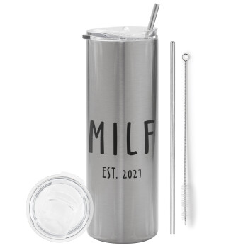 MILF, Eco friendly stainless steel Silver tumbler 600ml, with metal straw & cleaning brush