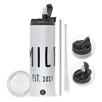 MILF, Travel Tumbler 2 Lids, with metal straw & cleaning brush (Stainless steel 304 Food grade, BPA free, 600ml)