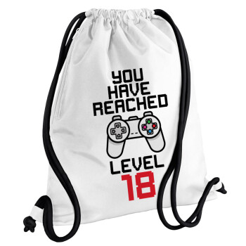 You have Reached level AGE, Backpack pouch GYMBAG white, with pocket (40x48cm) & thick cords