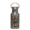 Stainless steel metallic thermos flask, silver with a bamboo lid, double-walled, 350ml.