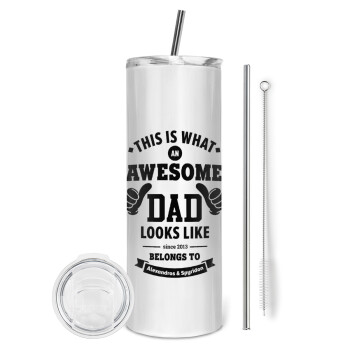 This is what an Awesome DAD looks like, Eco friendly ποτήρι θερμό (tumbler) από ανοξείδωτο ατσάλι 600ml, με μεταλλικό καλαμάκι & βούρτσα καθαρισμού