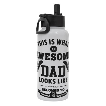 This is what an Awesome DAD looks like, Metal mug thermo White with Straw and Spout Lid (Stainless steel), double wall, 950ml